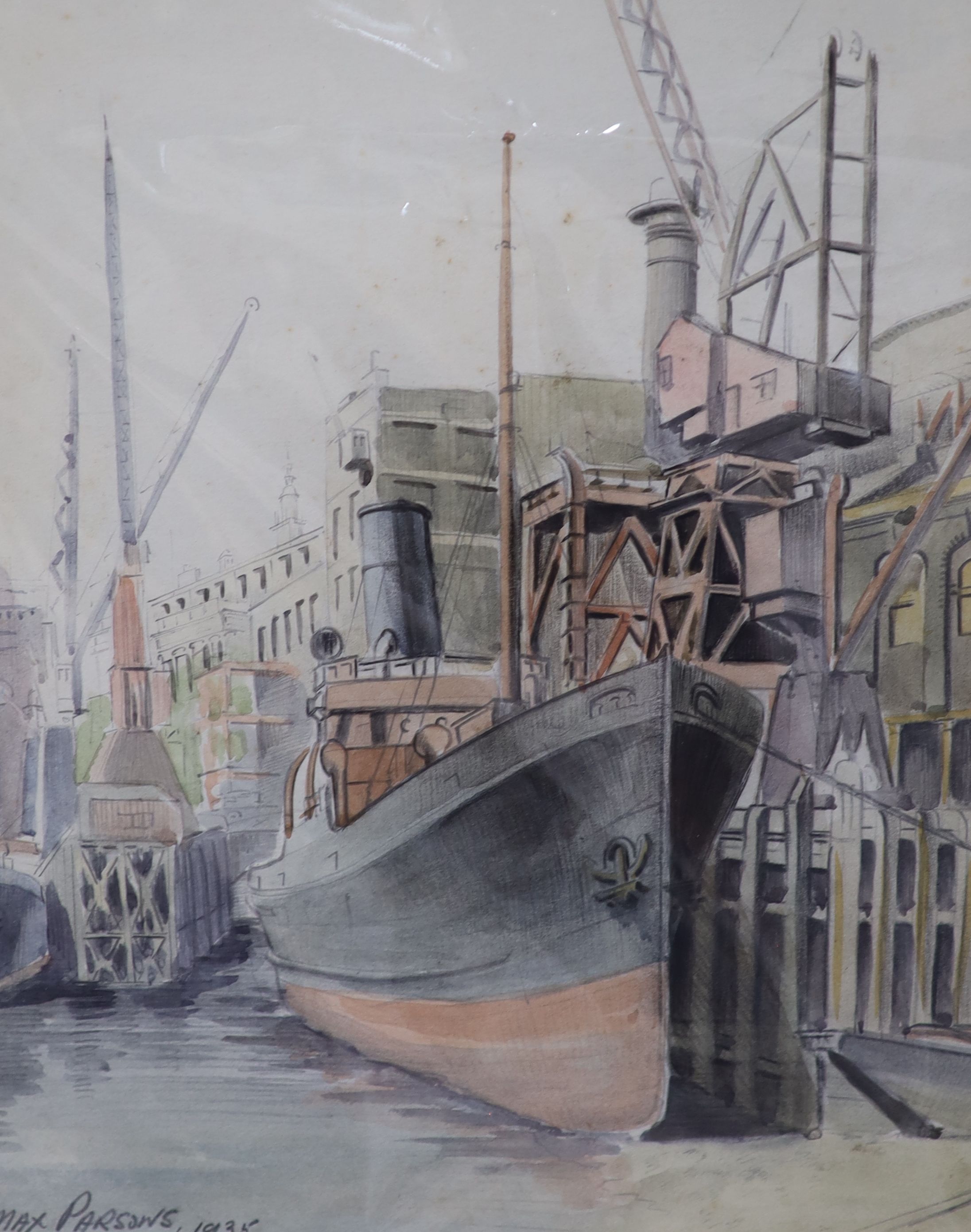 Max Parsons A.R.C.A. (1915-1998), watercolour on card, SS Marengo, signed and dated July 28, 1933, four coastal and marine paintings, unframed, 23.5 x 33cm (Dover) and two other watercolours